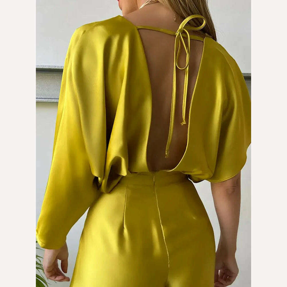 KIMLUD, Bohohipei Female Fashion Asymmetric Solid Color Deep V-Neck V-Back Prom Jump Suits 2024 New Summer Elegant Party Jump Suits, KIMLUD Womens Clothes