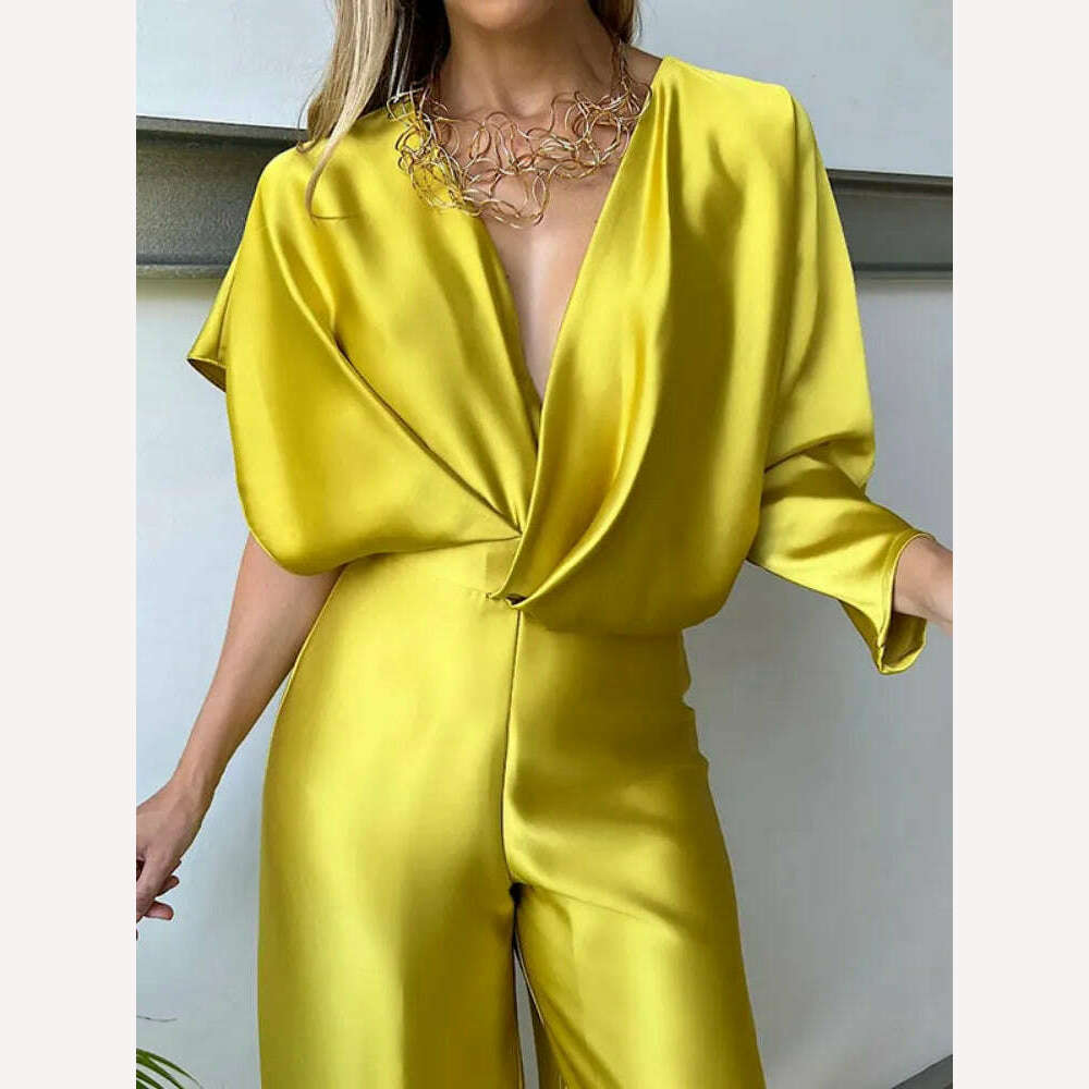 KIMLUD, Bohohipei Female Fashion Asymmetric Solid Color Deep V-Neck V-Back Prom Jump Suits 2024 New Summer Elegant Party Jump Suits, KIMLUD Womens Clothes