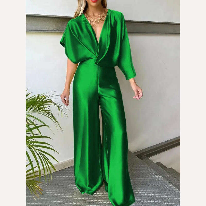 KIMLUD, Bohohipei Female Fashion Asymmetric Solid Color Deep V-Neck V-Back Prom Jump Suits 2024 New Summer Elegant Party Jump Suits, green / S, KIMLUD Womens Clothes