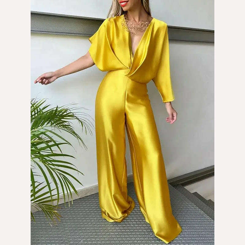 KIMLUD, Bohohipei Female Fashion Asymmetric Solid Color Deep V-Neck V-Back Prom Jump Suits 2024 New Summer Elegant Party Jump Suits, Yellow / S, KIMLUD Womens Clothes