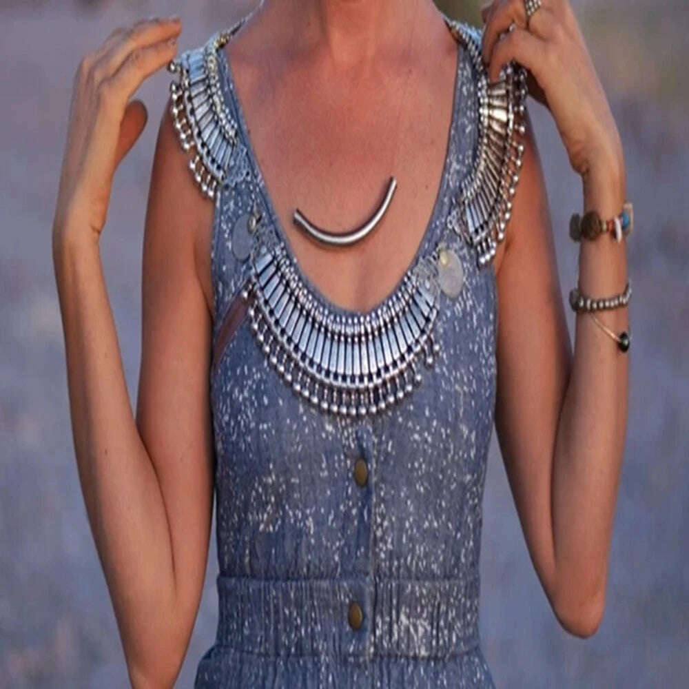 KIMLUD, Bohojewelry Store New Vintage Style Silver Retro Golden Carving Round Charm Ball Coin Zamac Choker Necklace, KIMLUD Womens Clothes
