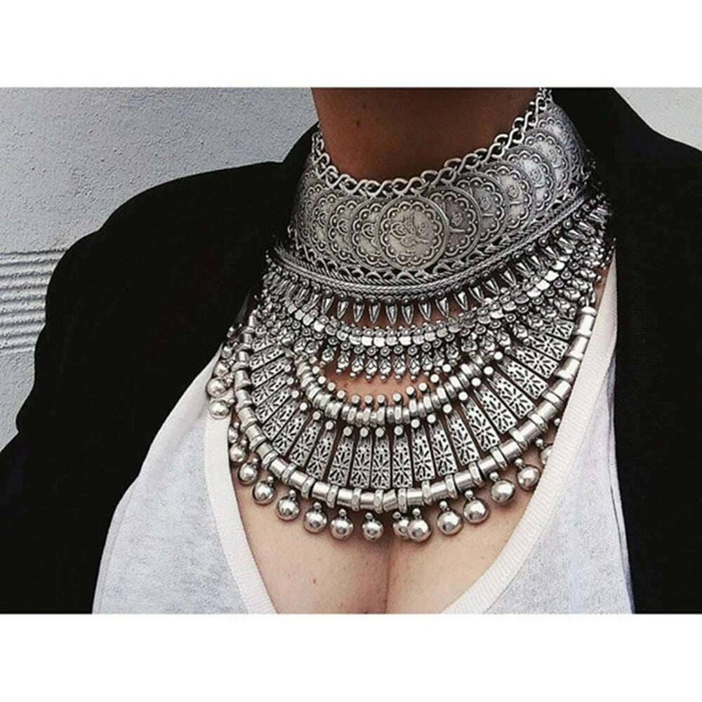KIMLUD, Bohojewelry Store New Vintage Style Silver Retro Golden Carving Round Charm Ball Coin Zamac Choker Necklace, KIMLUD Womens Clothes