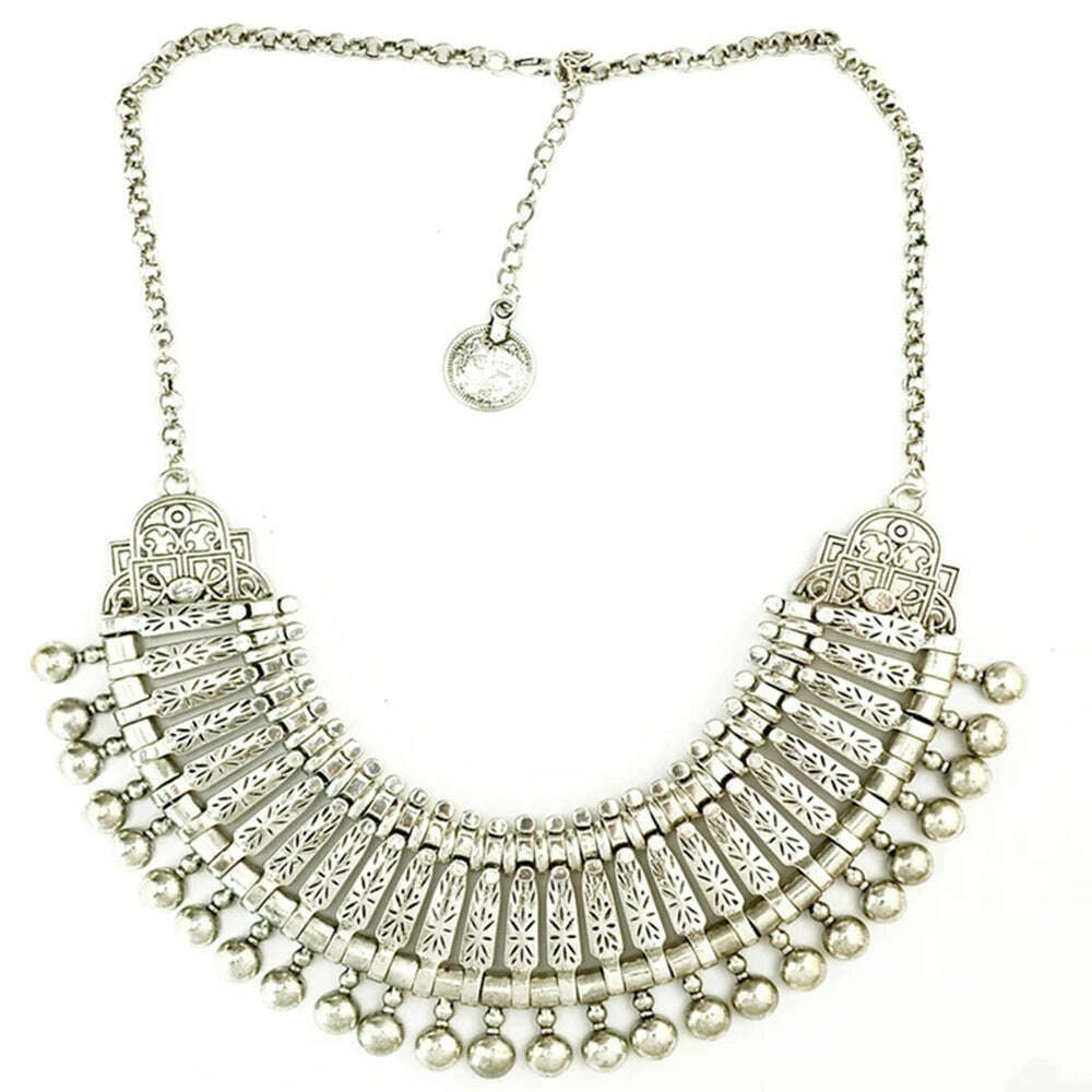 KIMLUD, Bohojewelry Store New Vintage Style Silver Retro Golden Carving Round Charm Ball Coin Zamac Choker Necklace, N-3974-VS, KIMLUD APPAREL - Womens Clothes