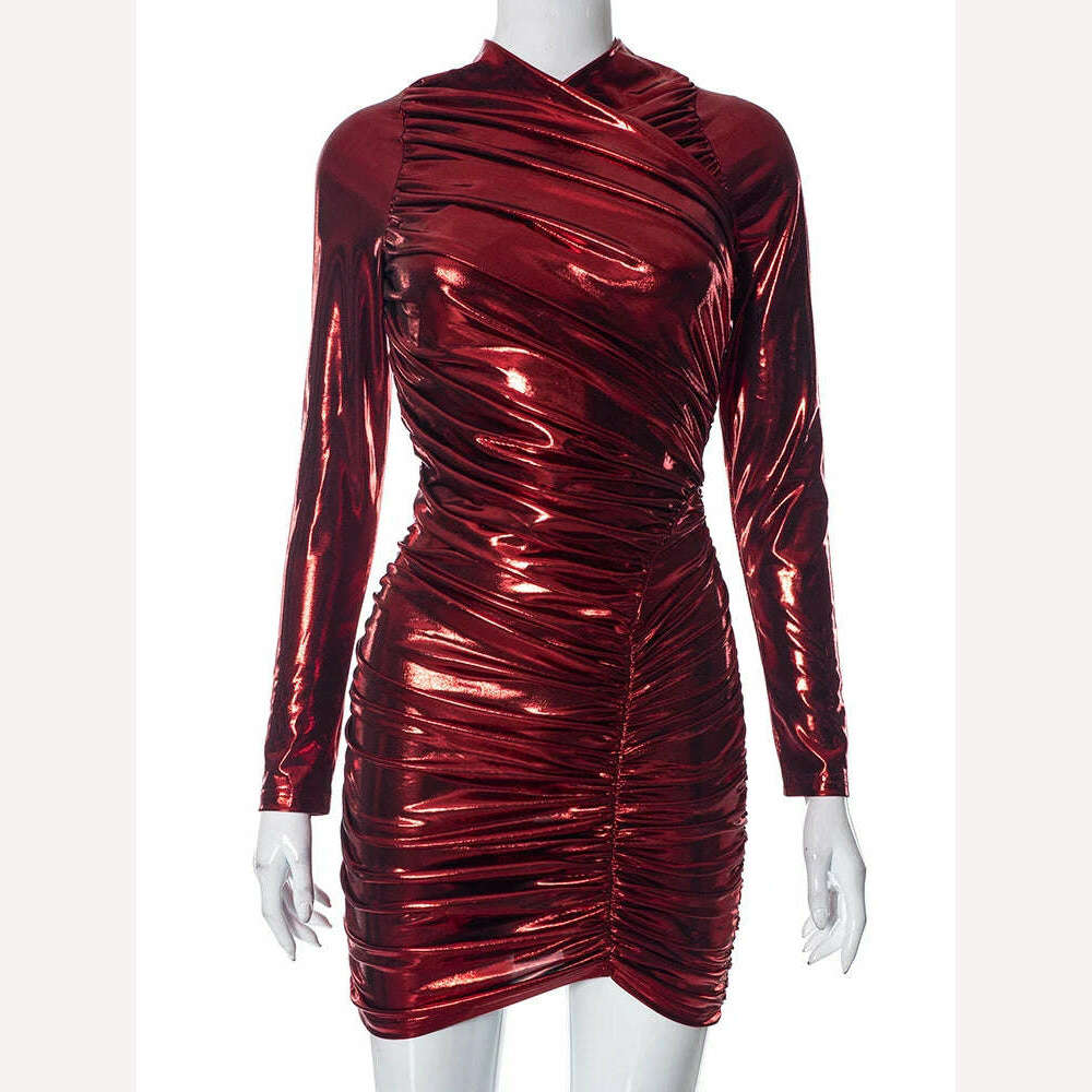 KIMLUD, Bolopi Mental Color Sexy Mini Dress 2023 Women New In Y2K Outfits Shirring Patchwork Club Party Prom Streetwear, KIMLUD Womens Clothes
