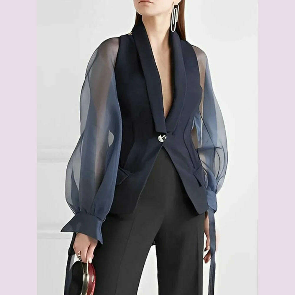 KIMLUD, Bonboho Blazer Suits Top for Women Lapel V-neck Puff Sleeve Buttoned Shirt & Blouse for Urban Female Spring and Summer Tops, KIMLUD Womens Clothes