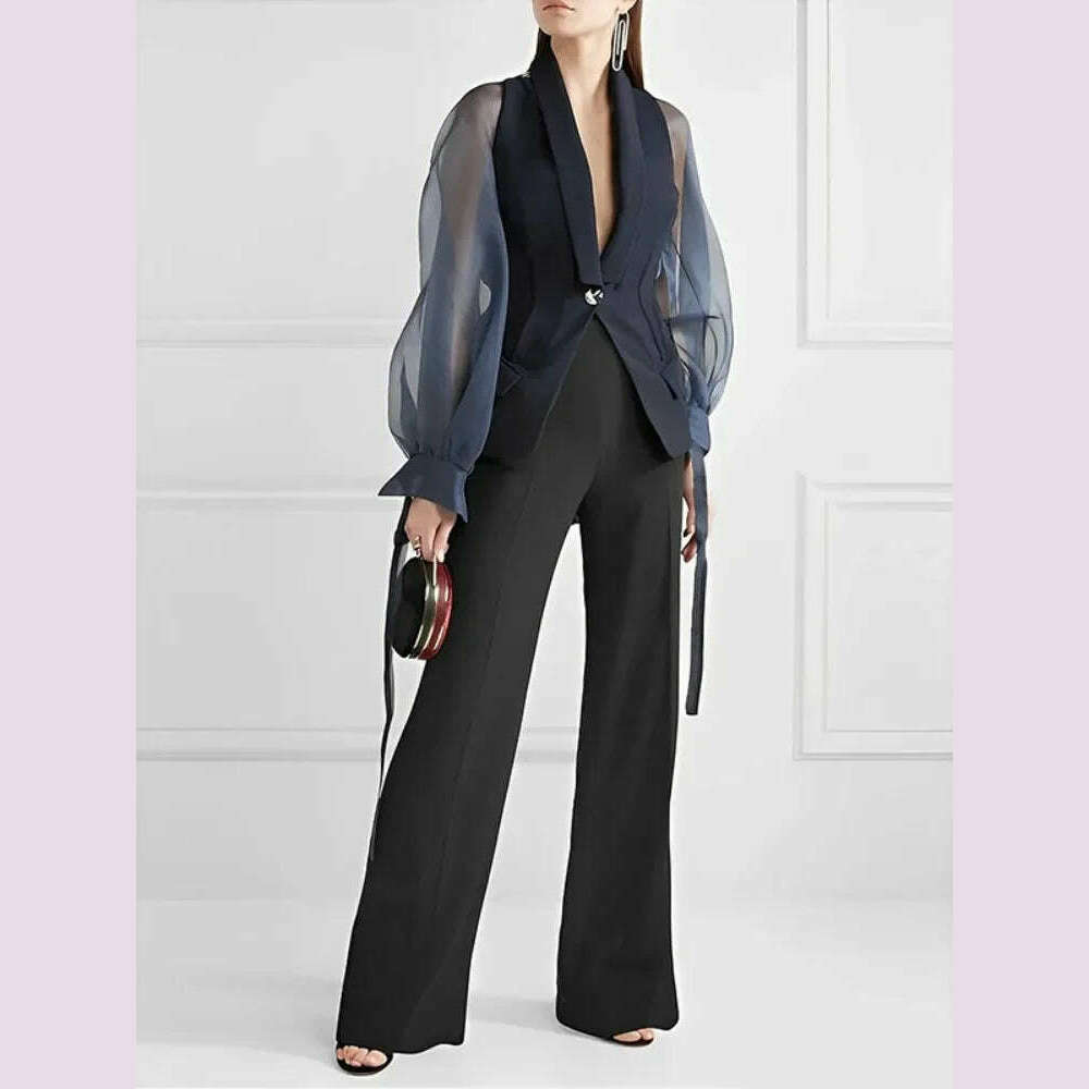 KIMLUD, Bonboho Blazer Suits Top for Women Lapel V-neck Puff Sleeve Buttoned Shirt & Blouse for Urban Female Spring and Summer Tops, KIMLUD Womens Clothes