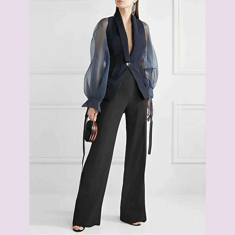 KIMLUD, Bonboho Blazer Suits Top for Women Lapel V-neck Puff Sleeve Buttoned Shirt & Blouse for Urban Female Spring and Summer Tops, KIMLUD Womens Clothes