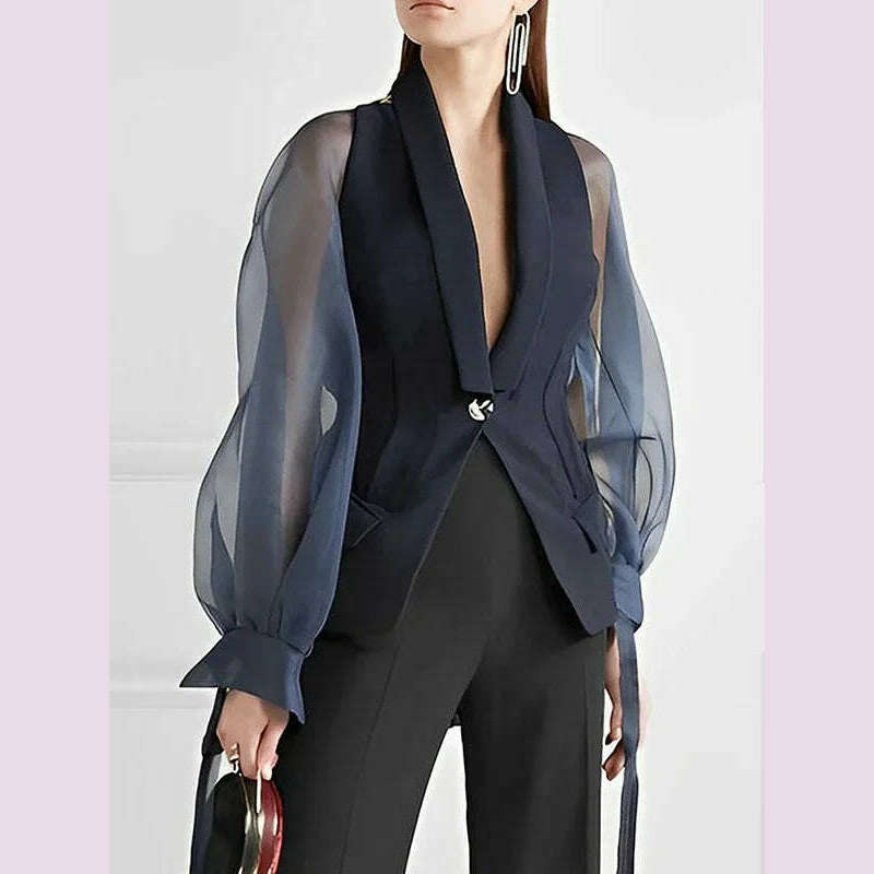 KIMLUD, Bonboho Blazer Suits Top for Women Lapel V-neck Puff Sleeve Buttoned Shirt & Blouse for Urban Female Spring and Summer Tops, black / XXL, KIMLUD APPAREL - Womens Clothes