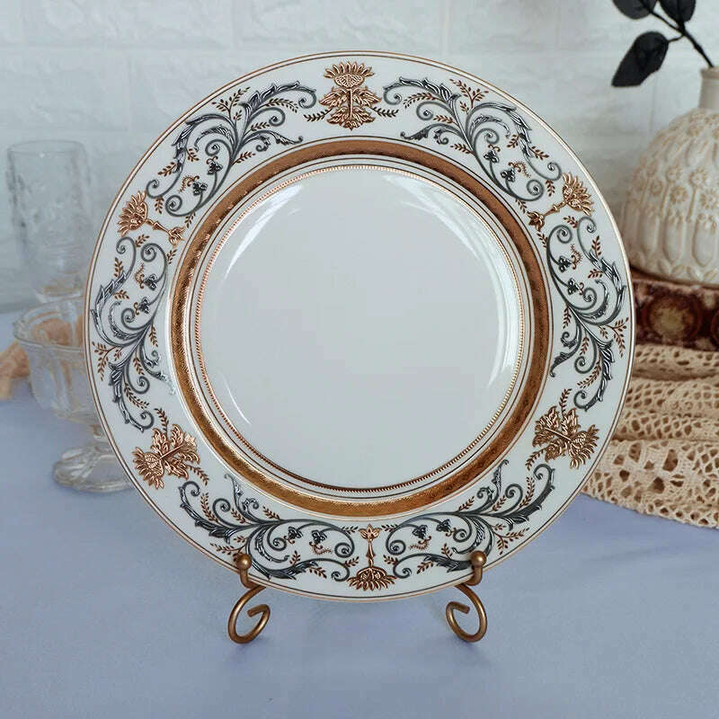 KIMLUD, Bone China Disc Embossed Gold European Western Food 10-inch Plate Model Room High-end Hotel Pendulum dinner plates, 10.5 inch a, KIMLUD Womens Clothes