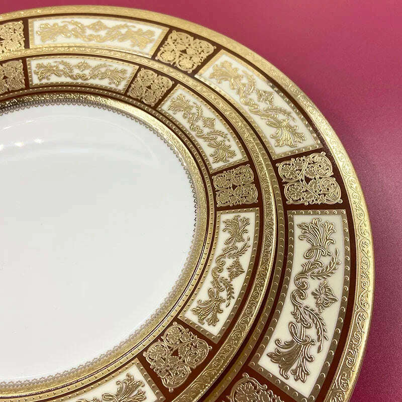KIMLUD, Bone China Disc Embossed Gold European Western Food 10-inch Plate Model Room High-end Hotel Pendulum  dinner plates, KIMLUD Womens Clothes