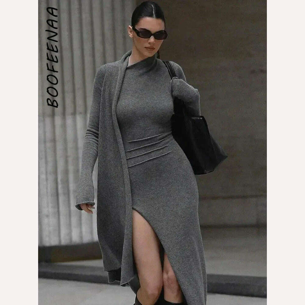 KIMLUD, BOOFEENAA Asymmetrical Knit Long Dresses for Women Winter Fashion Kendall Outfits Gray Black Sexy Long Sleeve Slit DressC66-EH60, KIMLUD Womens Clothes