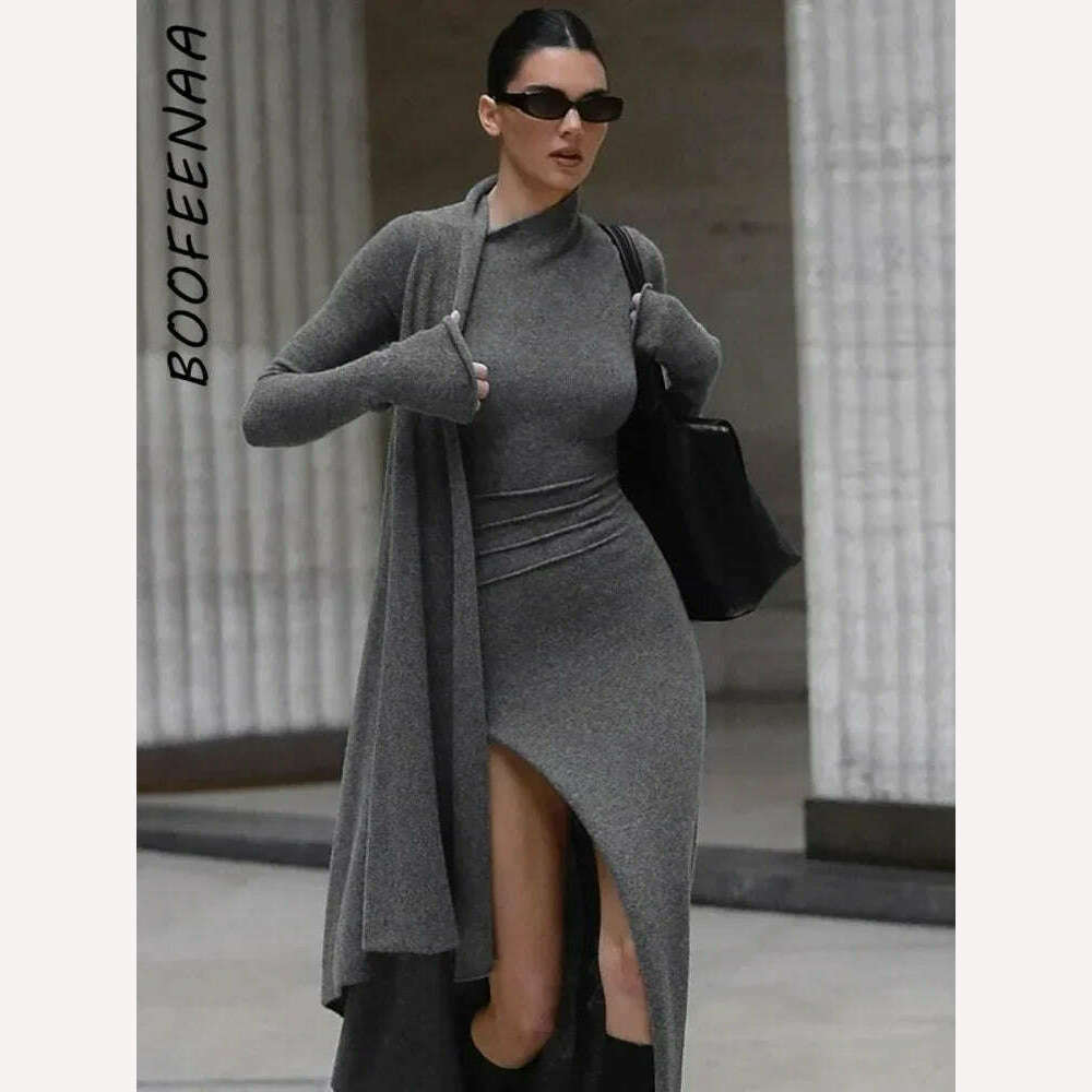 KIMLUD, BOOFEENAA Asymmetrical Knit Long Dresses for Women Winter Fashion Kendall Outfits Gray Black Sexy Long Sleeve Slit DressC66-EH60, KIMLUD Womens Clothes