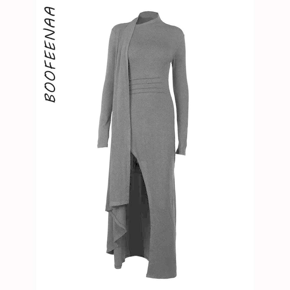 KIMLUD, BOOFEENAA Asymmetrical Knit Long Dresses for Women Winter Fashion Kendall Outfits Gray Black Sexy Long Sleeve Slit DressC66-EH60, KIMLUD Womens Clothes