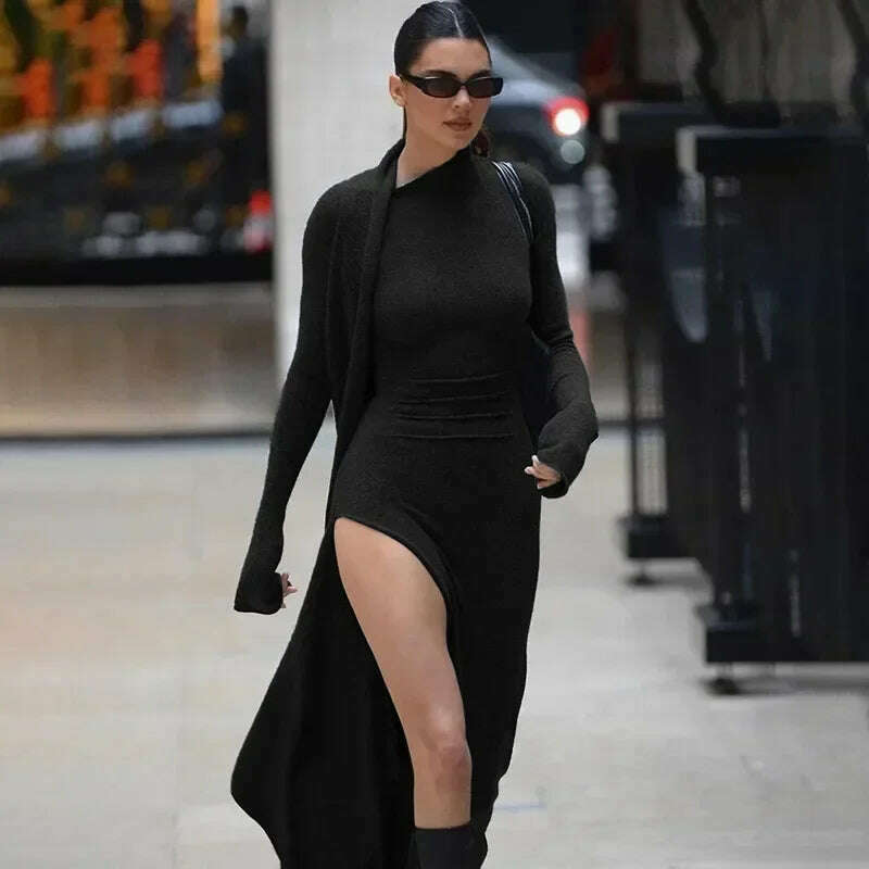 KIMLUD, BOOFEENAA Asymmetrical Knit Long Dresses for Women Winter Fashion Kendall Outfits Gray Black Sexy Long Sleeve Slit DressC66-EH60, black / M, KIMLUD Womens Clothes