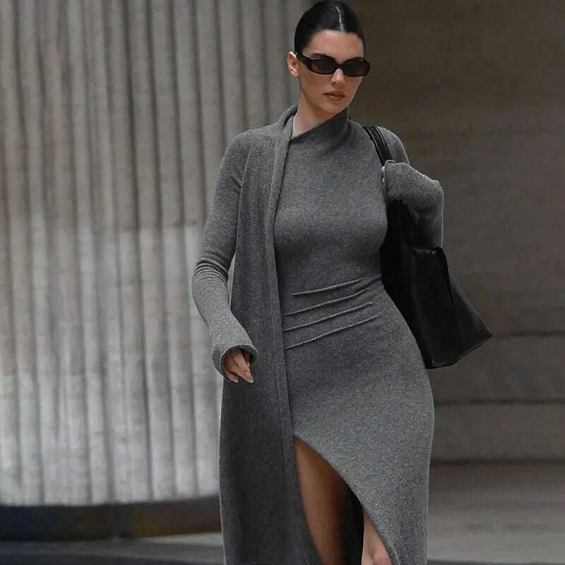 KIMLUD, BOOFEENAA Asymmetrical Knit Long Dresses for Women Winter Fashion Kendall Outfits Gray Black Sexy Long Sleeve Slit DressC66-EH60, KIMLUD Womens Clothes
