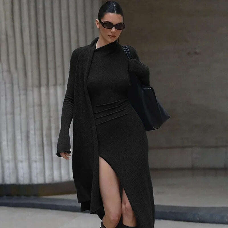 KIMLUD, BOOFEENAA Asymmetrical Knit Long Dresses for Women Winter Fashion Kendall Outfits Gray Black Sexy Long Sleeve Slit DressC66-EH60, KIMLUD Womens Clothes