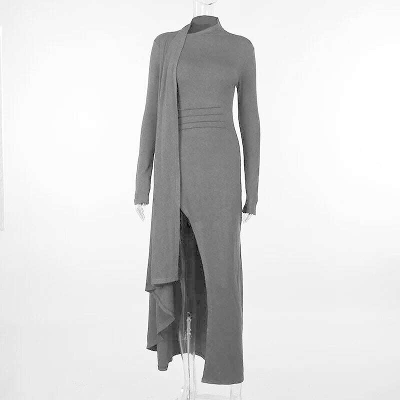 KIMLUD, BOOFEENAA Asymmetrical Knit Long Dresses for Women Winter Fashion Kendall Outfits Gray Black Sexy Long Sleeve Slit DressC66-EH60, KIMLUD Womens Clothes
