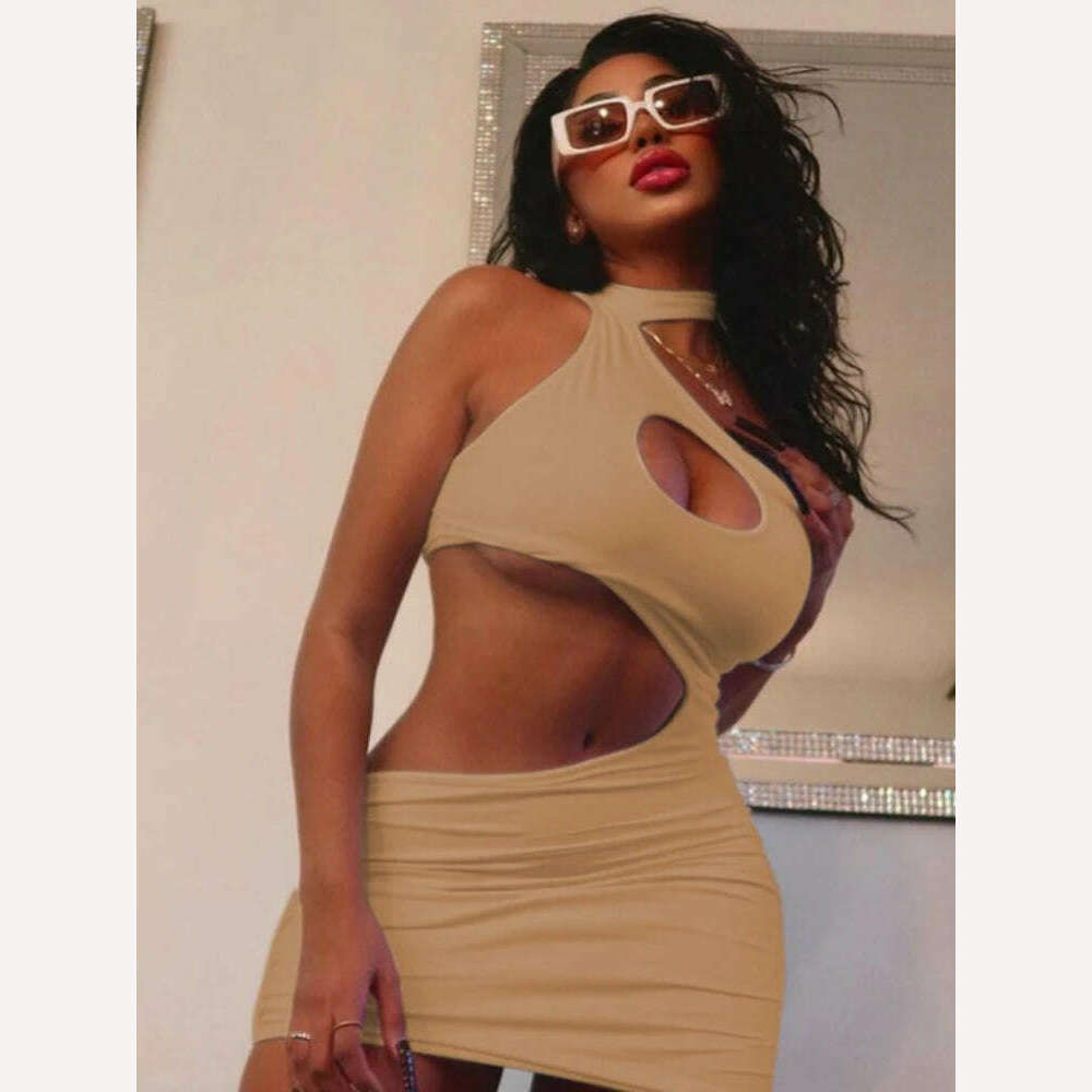 KIMLUD, BOOFEENAA Irregular Cut Out Mini Bodycon Dress Summer Going Out Club Wear Sexy Outfits for Woman White Black Dresses C85-BI17, Light Brown / S, KIMLUD Womens Clothes