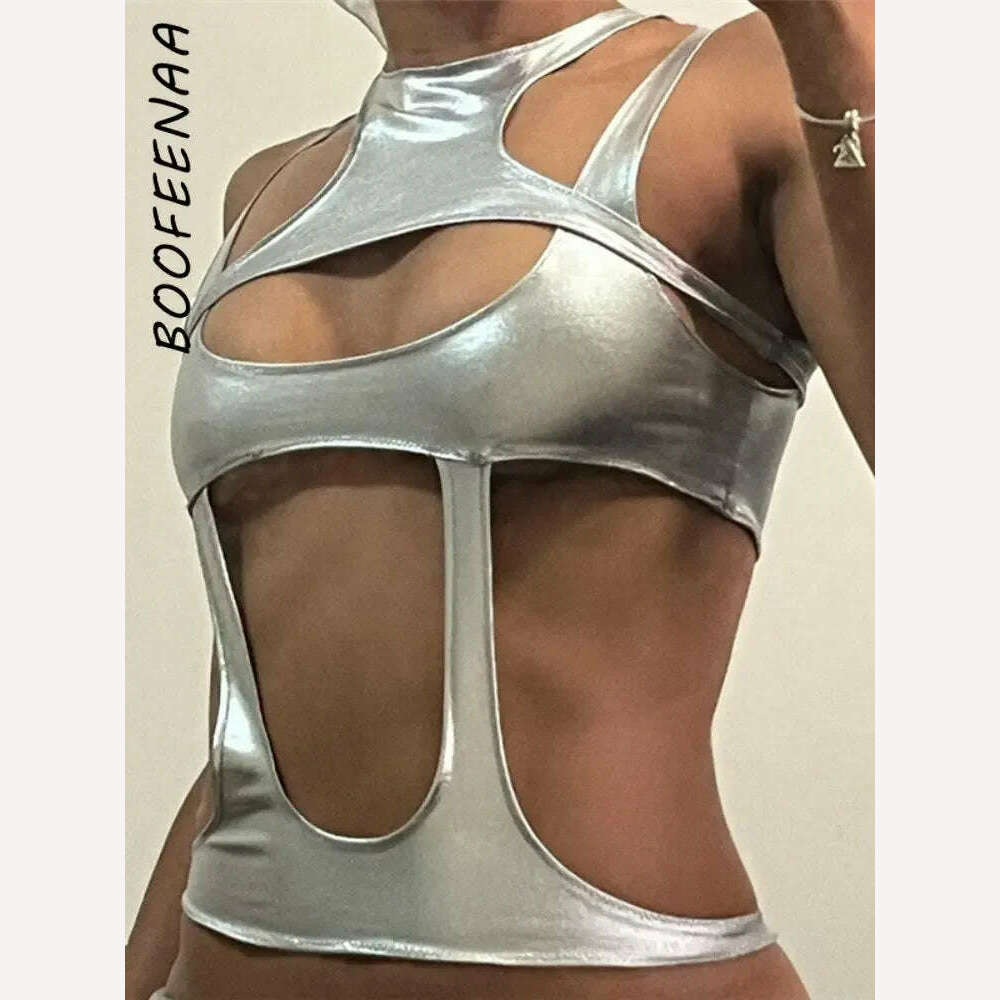 KIMLUD, BOOFEENAA Metallic Silver Cutout Tight Crop Top Y2k Streetwear Cyber Core Hollow Tank Tops Sexy Festivals Outfits Women C87-BZ15, KIMLUD Womens Clothes