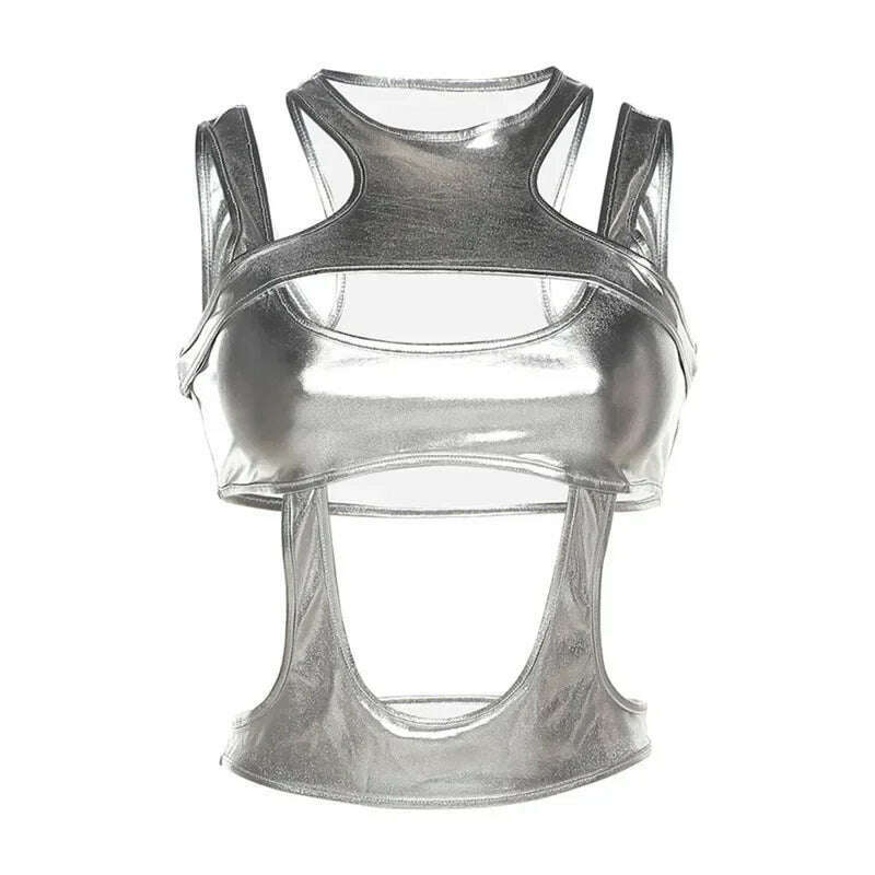 KIMLUD, BOOFEENAA Metallic Silver Cutout Tight Crop Top Y2k Streetwear Cyber Core Hollow Tank Tops Sexy Festivals Outfits Women C87-BZ15, Silver / S, KIMLUD Womens Clothes