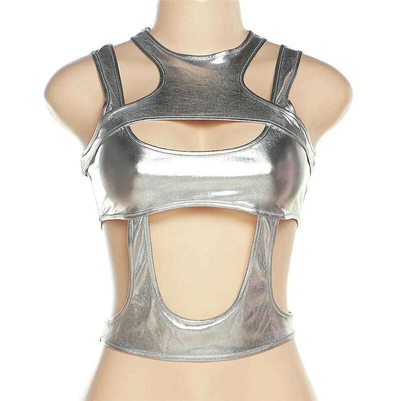 KIMLUD, BOOFEENAA Metallic Silver Cutout Tight Crop Top Y2k Streetwear Cyber Core Hollow Tank Tops Sexy Festivals Outfits Women C87-BZ15, KIMLUD Womens Clothes