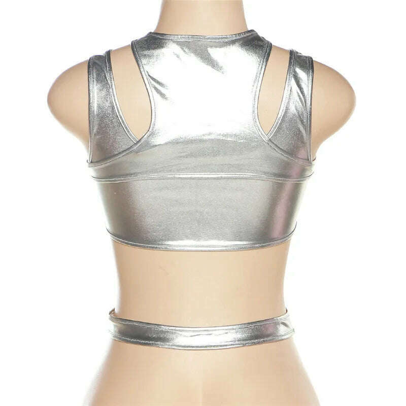 KIMLUD, BOOFEENAA Metallic Silver Cutout Tight Crop Top Y2k Streetwear Cyber Core Hollow Tank Tops Sexy Festivals Outfits Women C87-BZ15, KIMLUD Womens Clothes