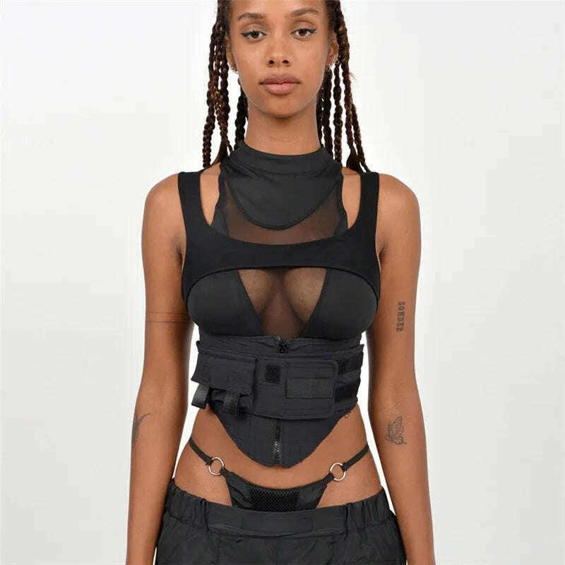 BOOFEENAA Street Fashion Sexy Black Cropped Tank Top See Through Mesh Patchwork Techwear Sleeveless Tshirts for Women C87-EZ25 - KIMLUD