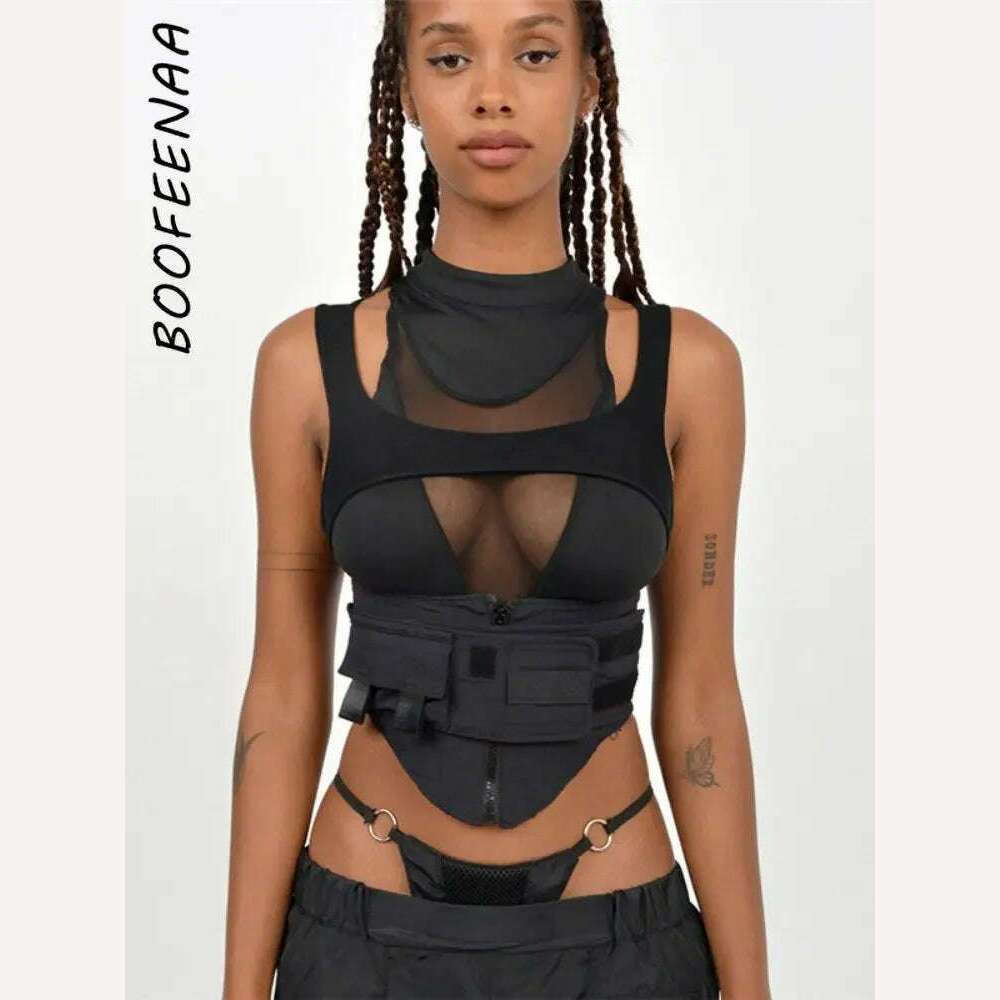 BOOFEENAA Street Fashion Sexy Black Cropped Tank Top See Through Mesh Patchwork Techwear Sleeveless Tshirts for Women C87-EZ25 - KIMLUD