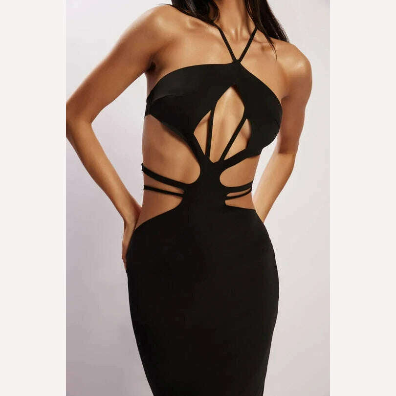 KIMLUD, BoozRey Black Halter Dress for Women Summer Hollow Bodycon Dress Strapless Sexy Party Club Evening Backless Elegant Maxi Dresses, KIMLUD Womens Clothes
