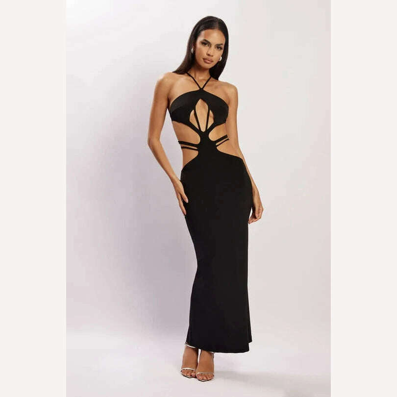 KIMLUD, BoozRey Black Halter Dress for Women Summer Hollow Bodycon Dress Strapless Sexy Party Club Evening Backless Elegant Maxi Dresses, KIMLUD Womens Clothes