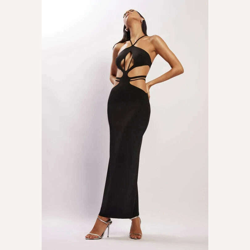 KIMLUD, BoozRey Black Halter Dress for Women Summer Hollow Bodycon Dress Strapless Sexy Party Club Evening Backless Elegant Maxi Dresses, KIMLUD Womens Clothes