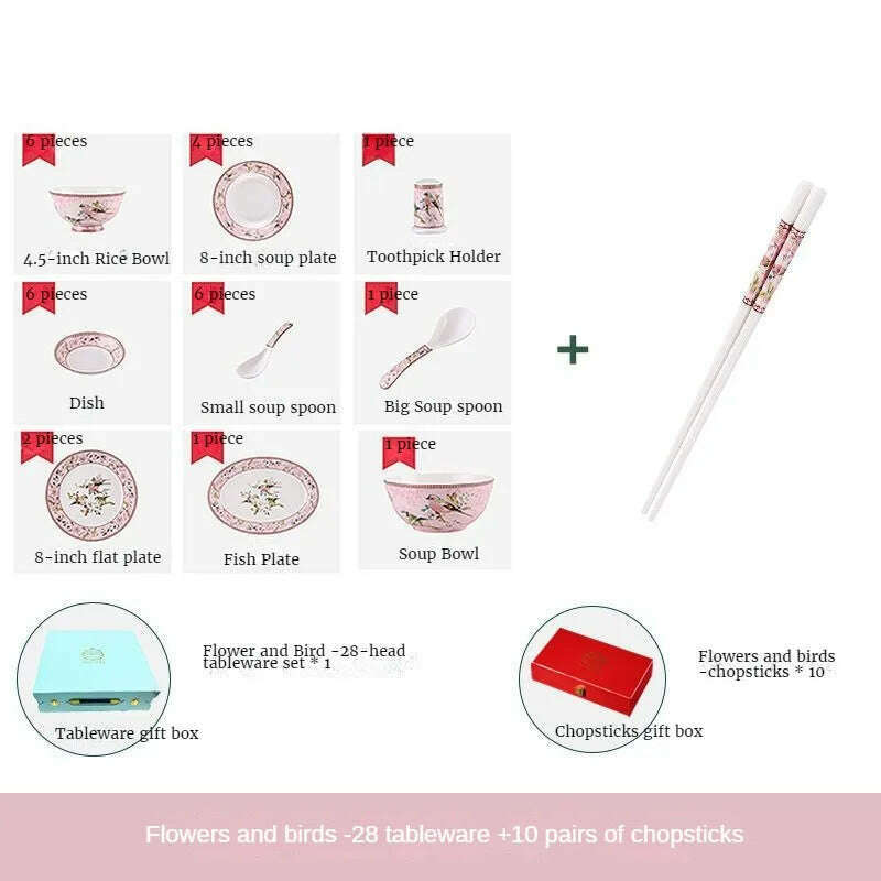 KIMLUD, Bowl and Plate Set, Complete Household Bowl and Plate Bone Porcelain Tableware Set, Combination Gift Box Set, B, KIMLUD Womens Clothes