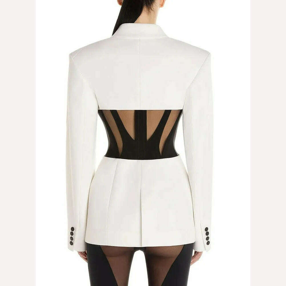 KIMLUD, BPN Sexy Patchwork Sheer Mesh Blazer For Women Notched Collar Long Sleeve Hit Color Slim Blzers Female Fashion Clothing New 2023, KIMLUD Womens Clothes