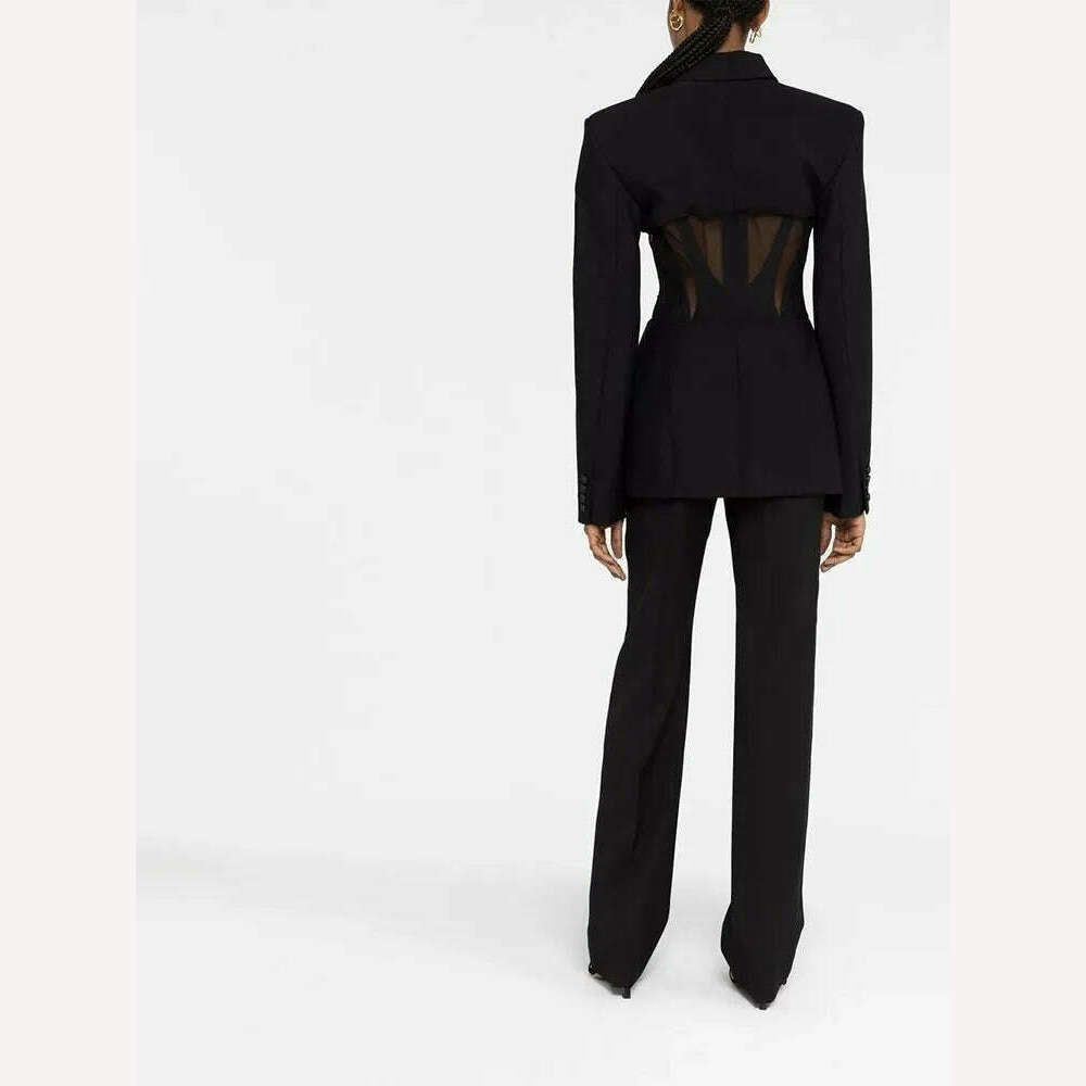 KIMLUD, BPN Sexy Patchwork Sheer Mesh Blazer For Women Notched Collar Long Sleeve Hit Color Slim Blzers Female Fashion Clothing New 2023, KIMLUD Womens Clothes