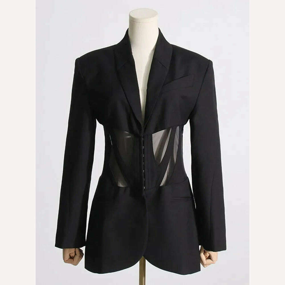 KIMLUD, BPN Sexy Patchwork Sheer Mesh Blazer For Women Notched Collar Long Sleeve Hit Color Slim Blzers Female Fashion Clothing New 2023, KIMLUD Womens Clothes