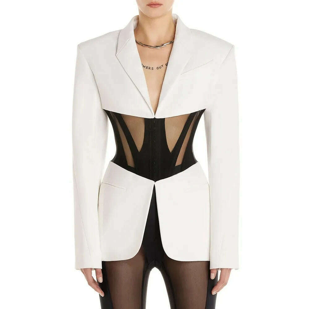 KIMLUD, BPN Sexy Patchwork Sheer Mesh Blazer For Women Notched Collar Long Sleeve Hit Color Slim Blzers Female Fashion Clothing New 2023, KIMLUD Womens Clothes