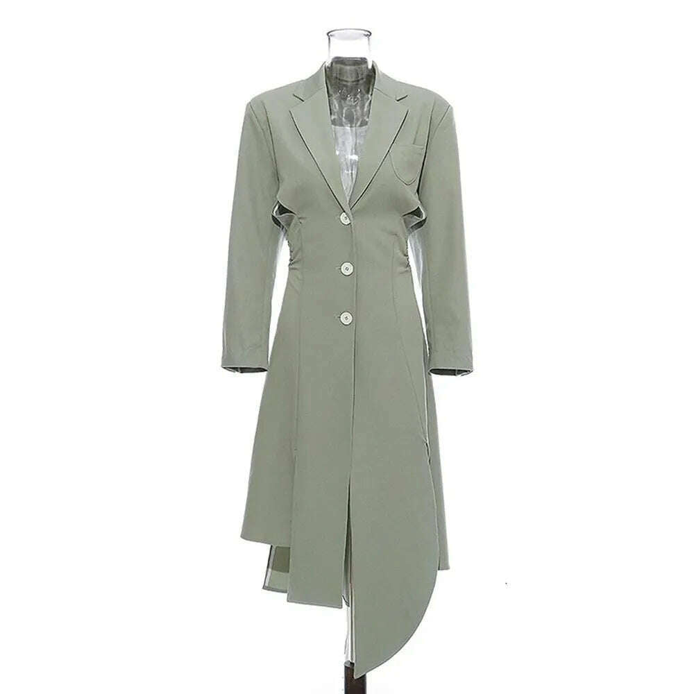 KIMLUD, BPN Temperament Trench For Women Notched Collar Long Sleeve Hollow Out Tunic Solid Elegants Windbreaker Female Fashion Clothing, KIMLUD Womens ClothesKIMLUD, BPN Temperament Trench For Women Notched Collar Long Sleeve Hollow Out Tunic Solid Elegants Windbreaker Female Fashion Clothing, green / S, KIMLUD APPAREL - Womens Clothes