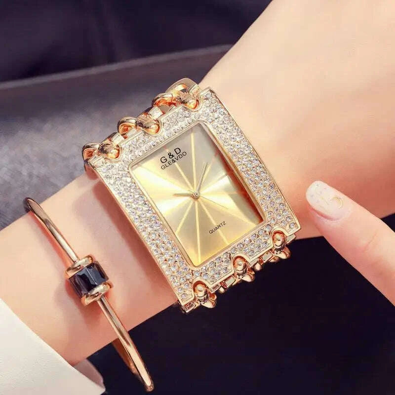 Bracelet Watch - Three Chain Rhinestone - Alloy Case - Golden | KIMLUD