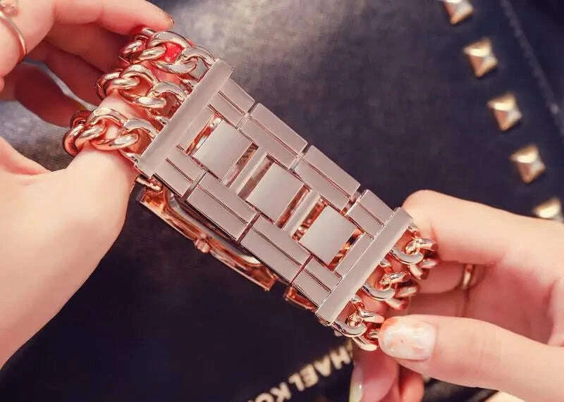 Bracelet Watch - Three Chain Rhinestone - Alloy Case - Golden | KIMLUD