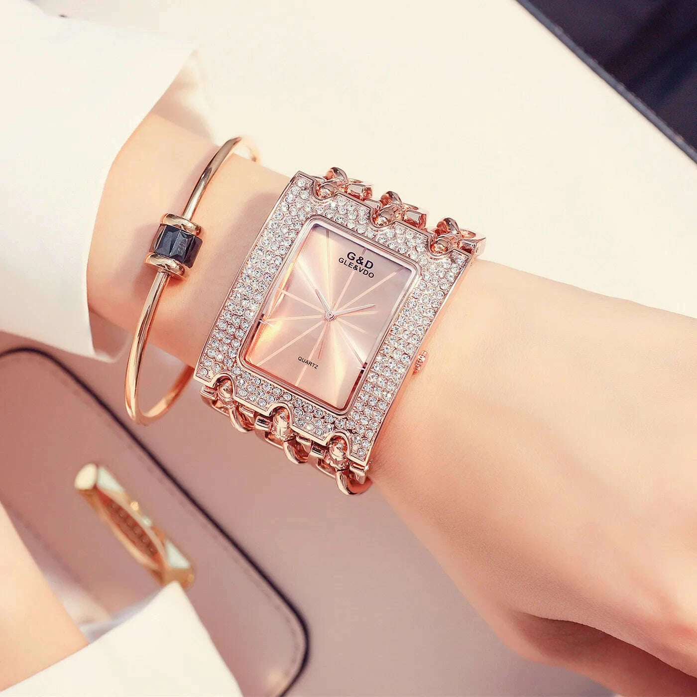 Bracelet Watch - Three Chain Rhinestone - Alloy Case - Golden | KIMLUD