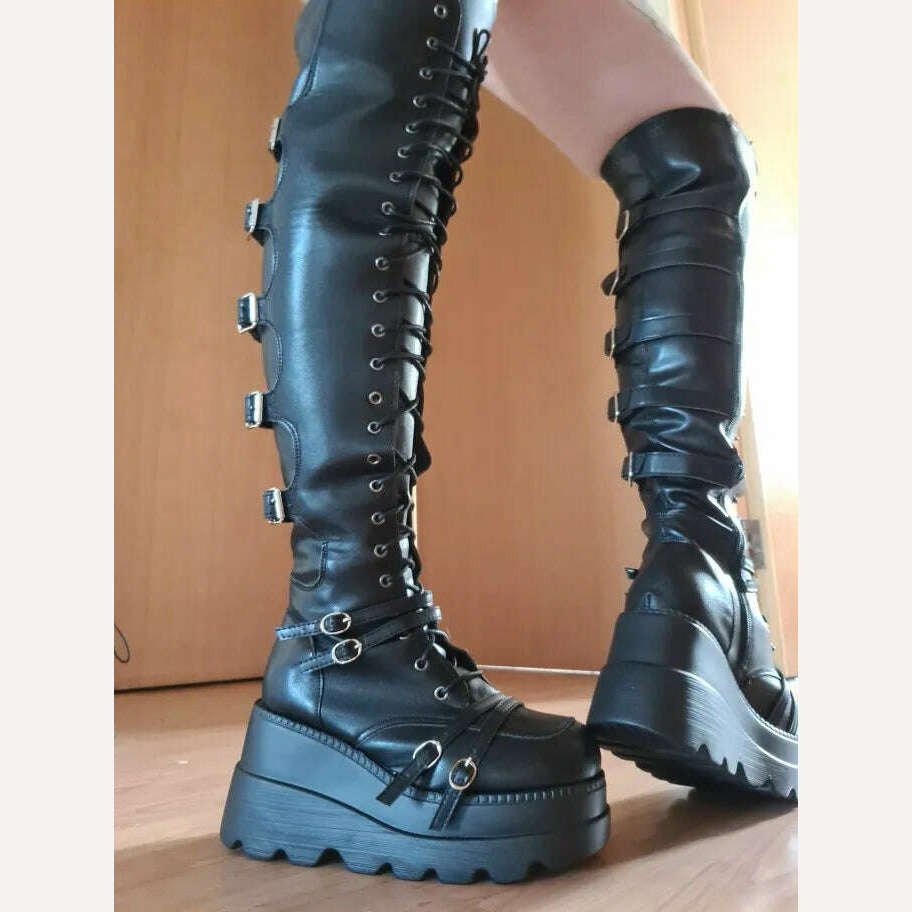 KIMLUD, Brand Design Big Size 43 Shoelaces Motorcycles Boots Buckles Platform Wedges High Heels Thigh High Boots Women Shoes, KIMLUD Women's Clothes