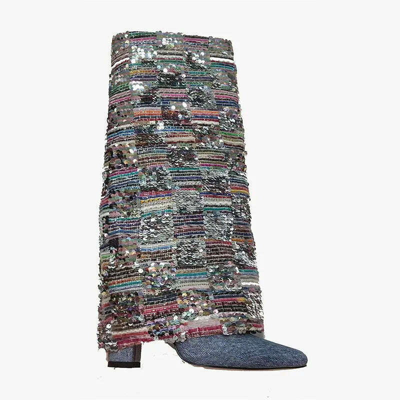 KIMLUD, Brand Exclusive Printing/rhinestone Knee High Pants Boots 2023 Women's Autumn Winter Color High Heels Denim Boots Size 37-42, KIMLUD Womens Clothes