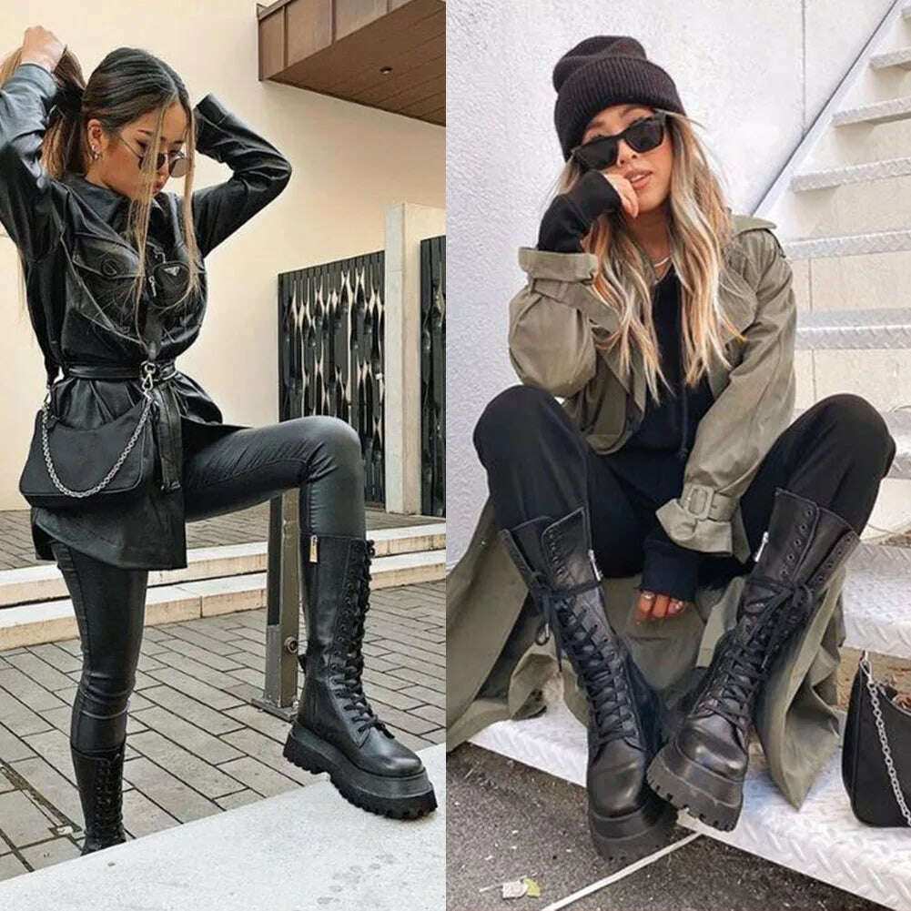 KIMLUD, Brand New Fashion Women Mid Calf Boots Flat Platform Chunky Heels Bottom Female High Boots Autumn Fashion Goth Black Shoes, KIMLUD Womens Clothes