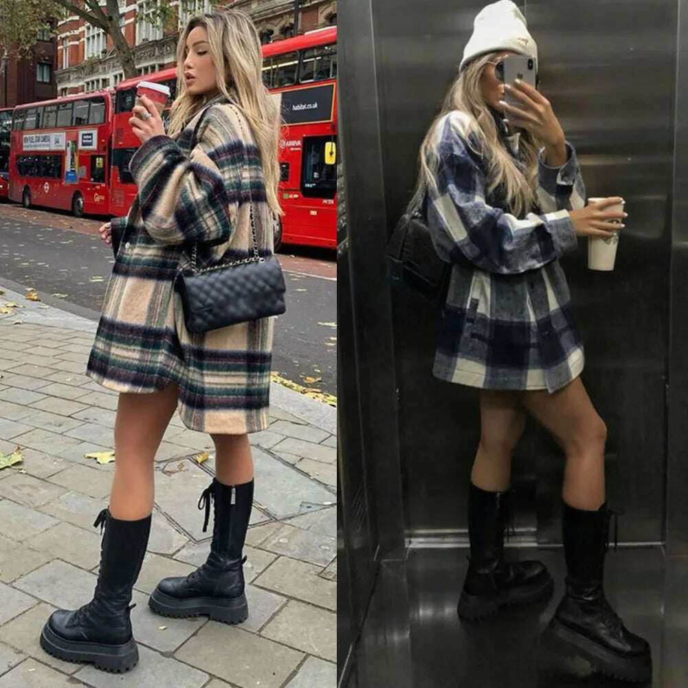 KIMLUD, Brand New Fashion Women Mid Calf Boots Flat Platform Chunky Heels Bottom Female High Boots Autumn Fashion Goth Black Shoes, KIMLUD Womens Clothes