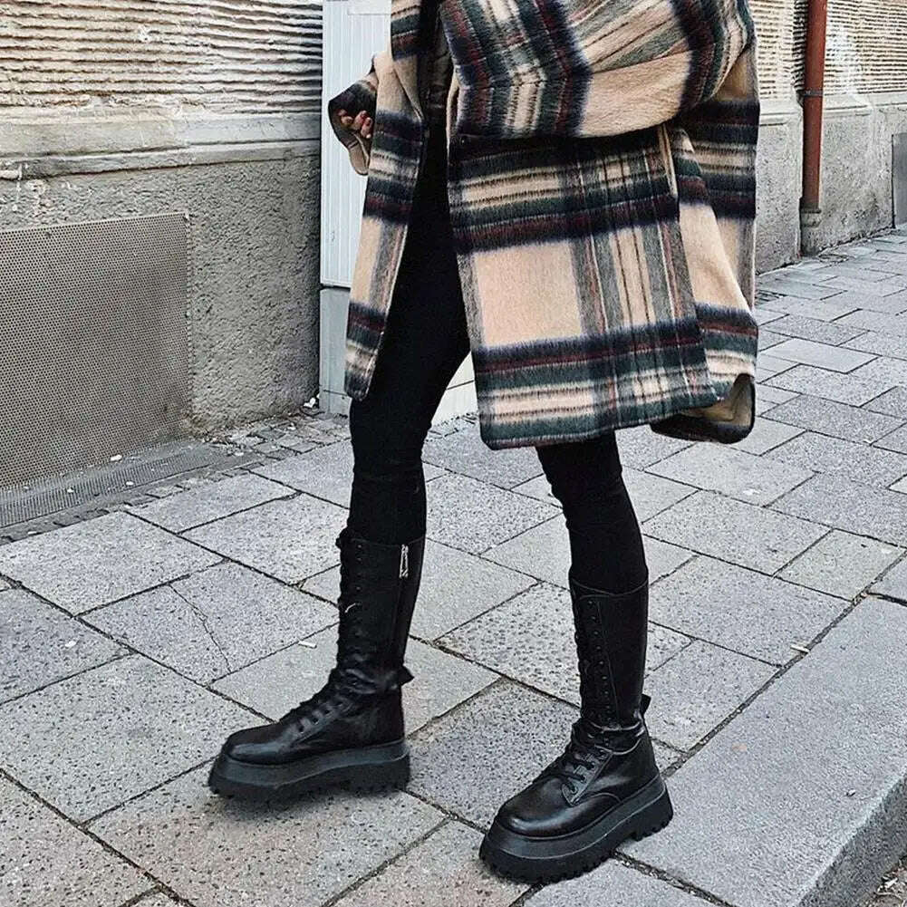 KIMLUD, Brand New Fashion Women Mid Calf Boots Flat Platform Chunky Heels Bottom Female High Boots Autumn Fashion Goth Black Shoes, KIMLUD Womens Clothes
