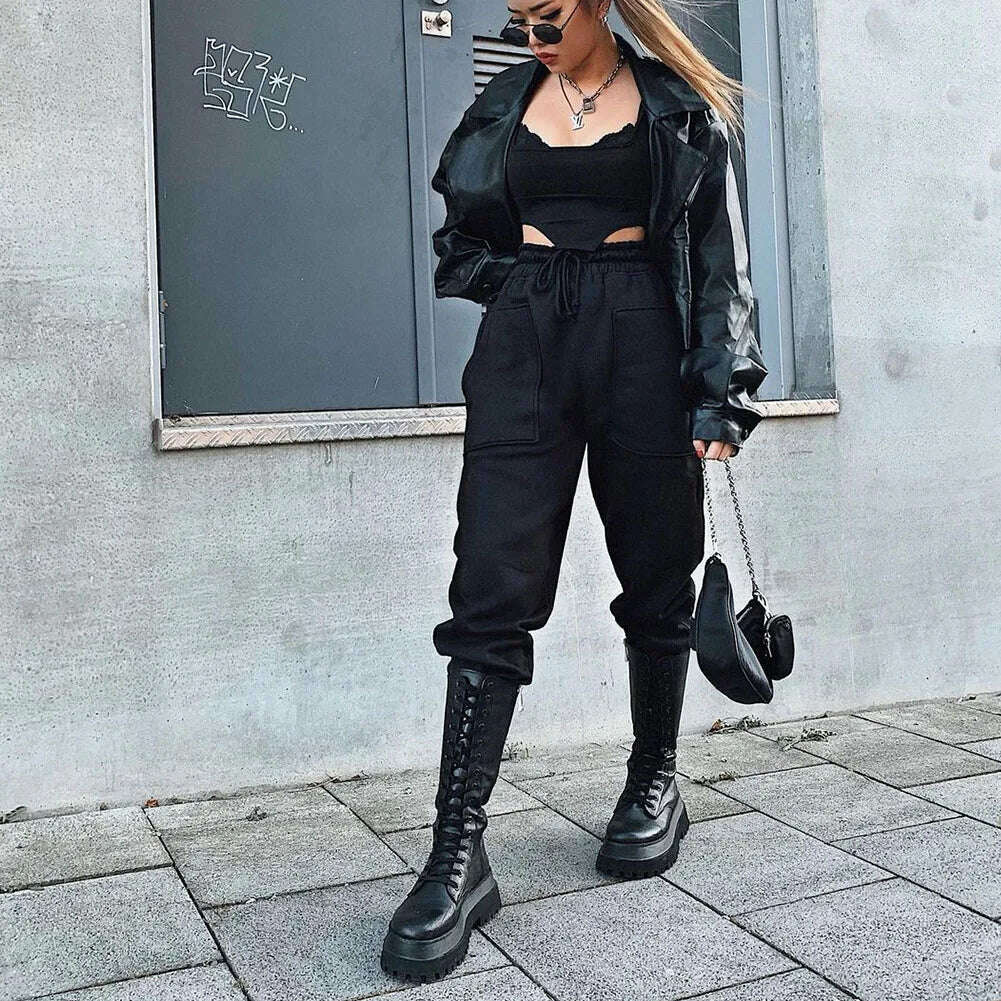 KIMLUD, Brand New Fashion Women Mid Calf Boots Flat Platform Chunky Heels Bottom Female High Boots Autumn Fashion Goth Black Shoes, KIMLUD Womens Clothes