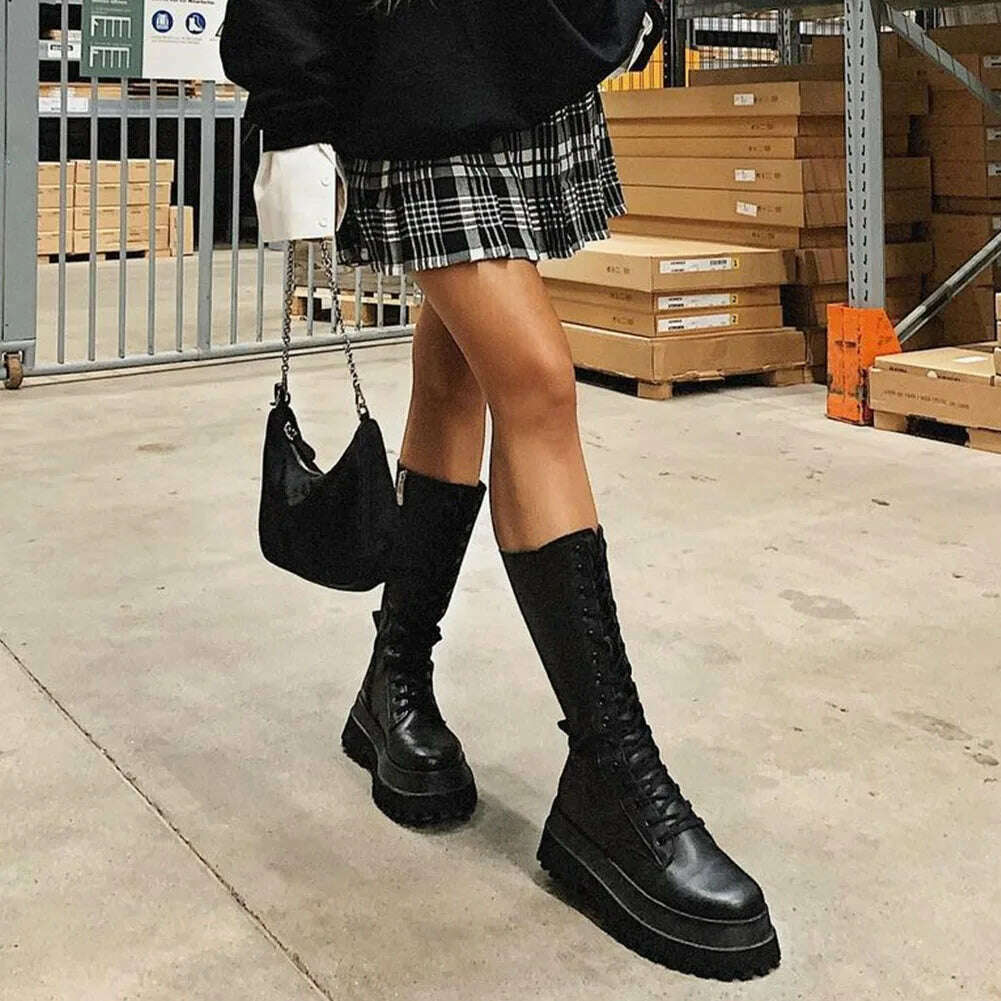KIMLUD, Brand New Fashion Women Mid Calf Boots Flat Platform Chunky Heels Bottom Female High Boots Autumn Fashion Goth Black Shoes, KIMLUD Womens Clothes