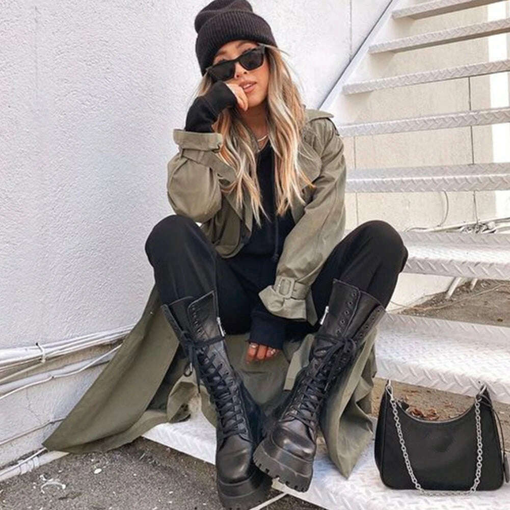 KIMLUD, Brand New Fashion Women Mid Calf Boots Flat Platform Chunky Heels Bottom Female High Boots Autumn Fashion Goth Black Shoes, KIMLUD Womens Clothes