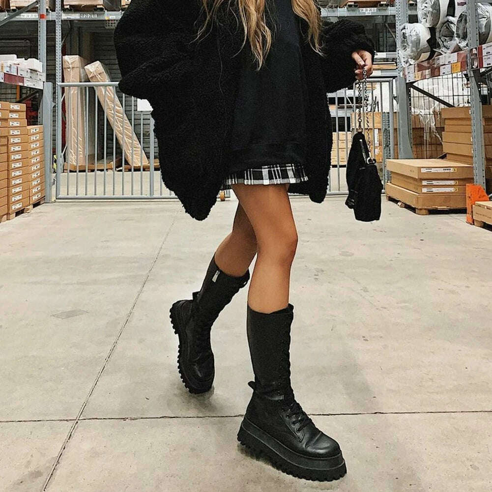 KIMLUD, Brand New Fashion Women Mid Calf Boots Flat Platform Chunky Heels Bottom Female High Boots Autumn Fashion Goth Black Shoes, KIMLUD Womens Clothes