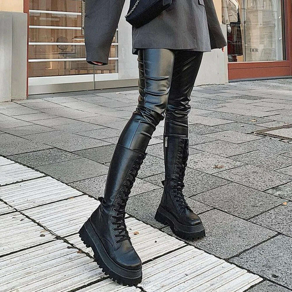 KIMLUD, Brand New Fashion Women Mid Calf Boots Flat Platform Chunky Heels Bottom Female High Boots Autumn Fashion Goth Black Shoes, KIMLUD Womens Clothes
